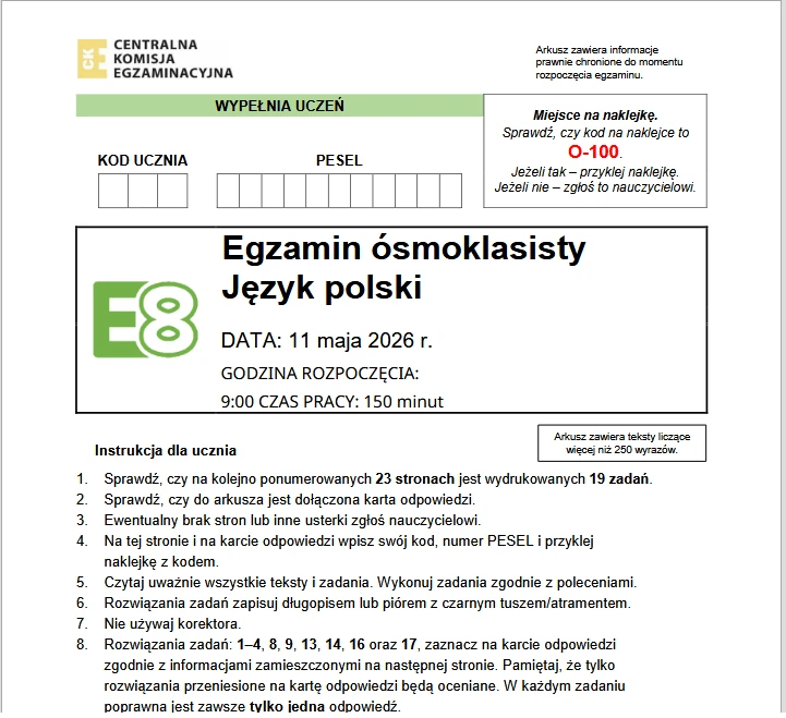 Egzamin ósmoklasisty z języka polskiego 2026